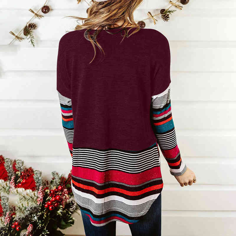 Striped T Shirt Women Splicing Long Sleeve Top Women Loose Tee Shirts Autumn Fall T-shirt Tops Tee Female O-neck T-Shirts 210515