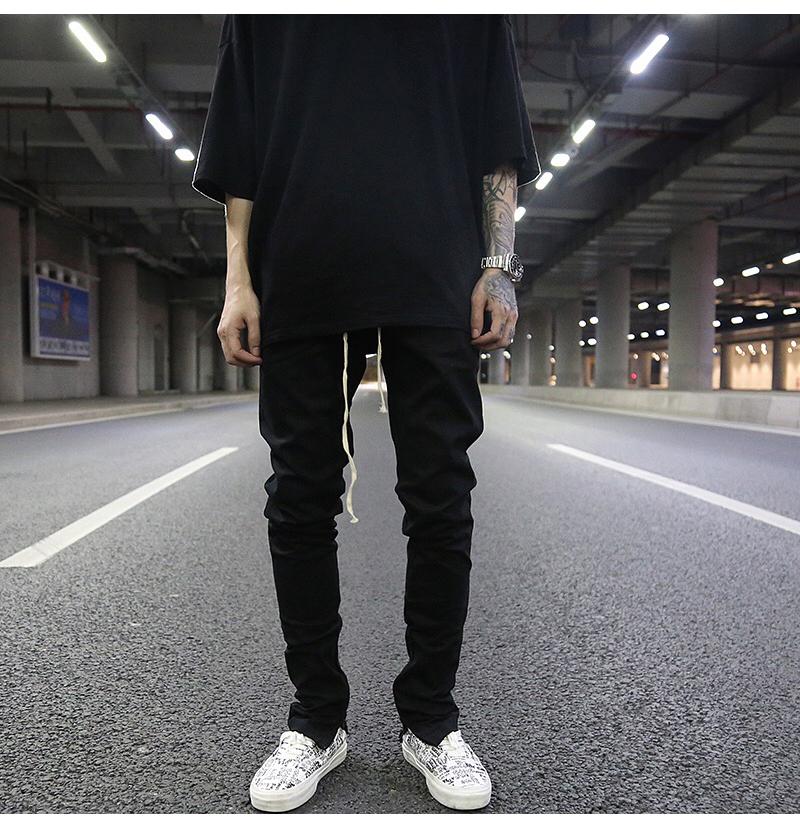 The Same Drawstring Lengthened Black All-match Zipper Slim Stretch Foot Pants High Street Fashion Brand Casual Men's