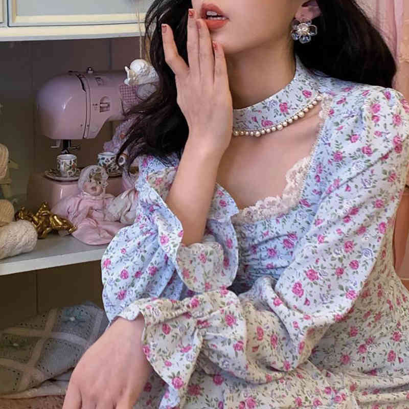 Korean Style Vintage Midi Dresses Women Casual Long Sleeve Floral Dresses Evening Party Office Lady Lace-Up Summer Chic 210521