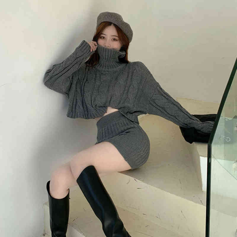 Lucyever Spring 2 Pieces Sets Women Fashion Twist Knitted Turtleneck Navel Sweaters Woman High Waist Hip Skirt Female 210521wtt