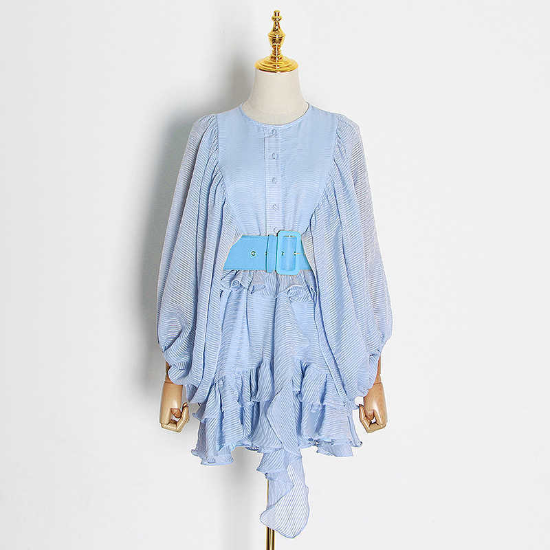 Elegant Lantern Sleeve Ruffles Dresses for Women O-neck with Sashe Mini Vestiso Feminino Fashion Office Lady 210525