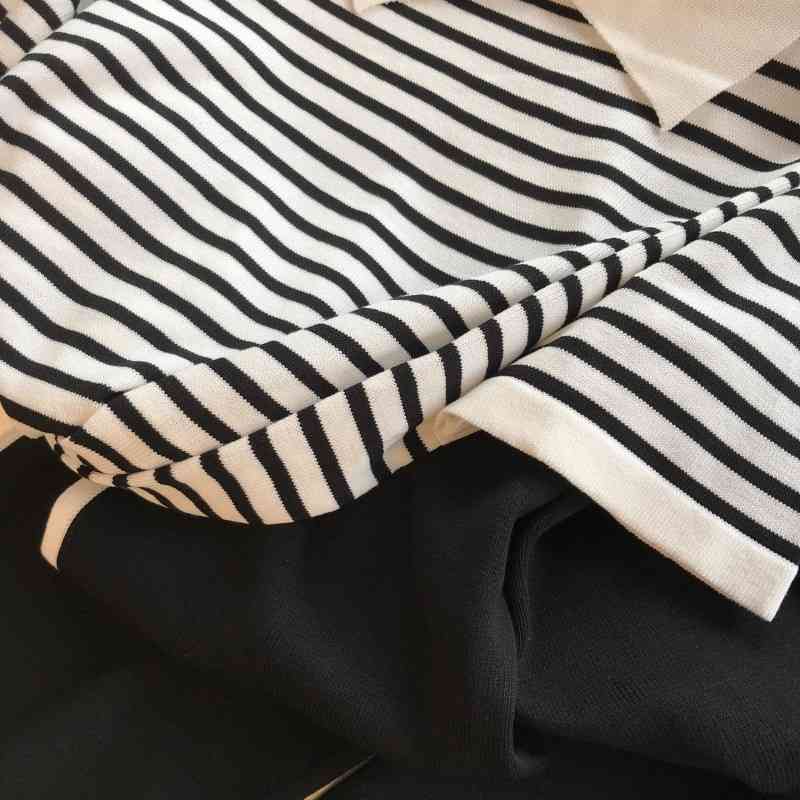 Two Piece Set Women Summer Lce Silk Knitted Striped Short Sleeve T Shirts+Stretch Waist Full Length Pants 210520