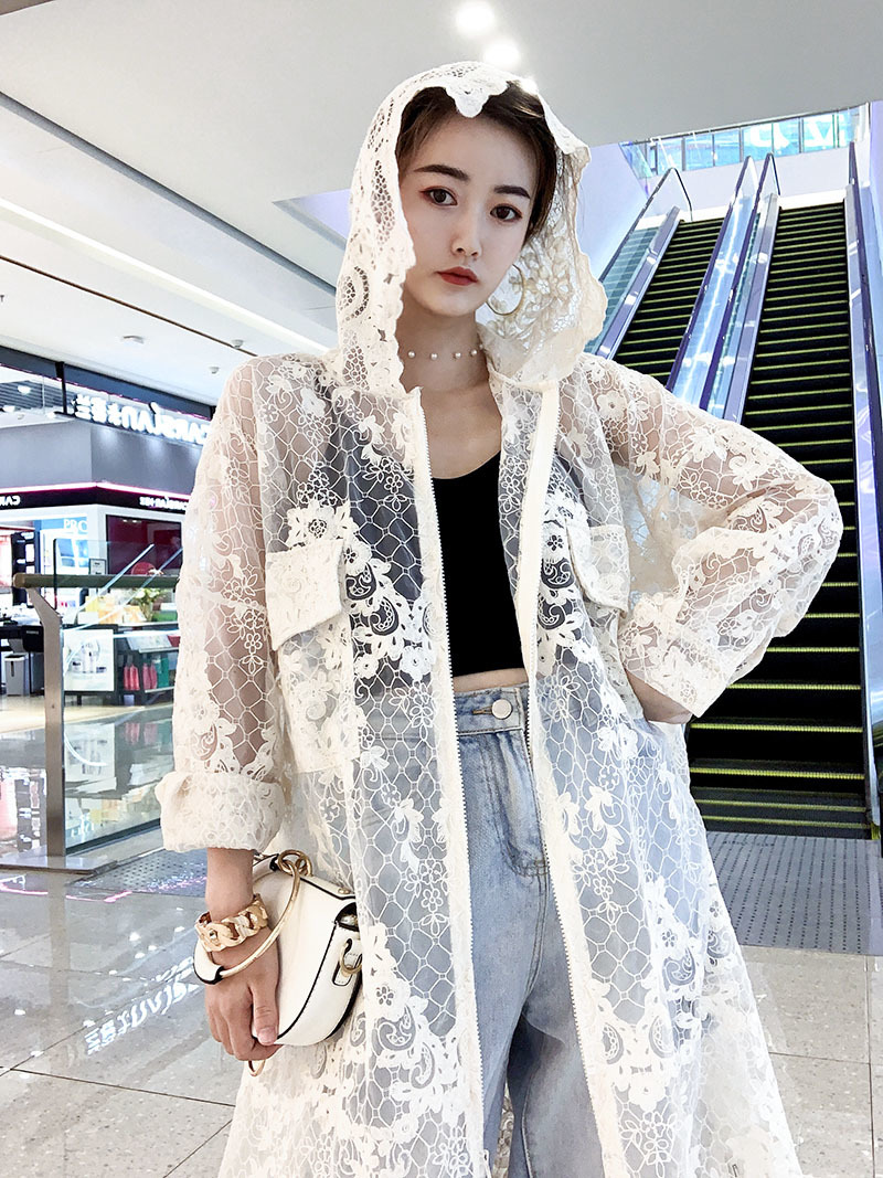 Fashion Summer Lace Embroidery Sun Protection Hooded Coat Women Zipper Casual Loose Vacation Chic Top 210519
