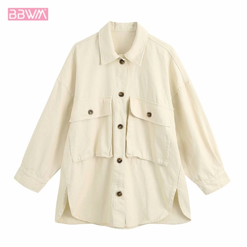 Tooling Style Lapel Long Sleeve Shirt Long Chic Women's Jacket Simple Solid Color Single-breasted Split Female Coat Tops 210507