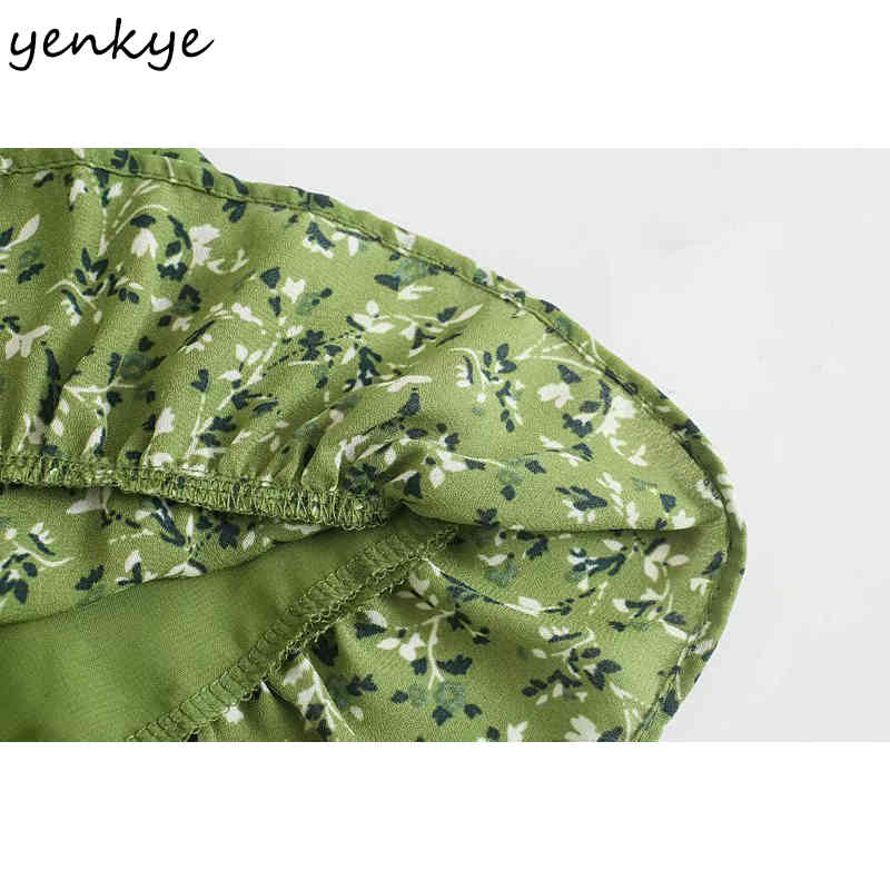 YENKYE Green Floral Print Dress Women Sexy Square Neck Puff Sleeve A-line Short Dress Female Holiday Summer Vestido 210515