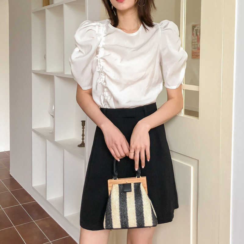 Elegant Drawstring Folds Blouses for Women Summer O-neck Puff Sleeve Crop Shirts Fashion Casual All-match Tops Female 210525