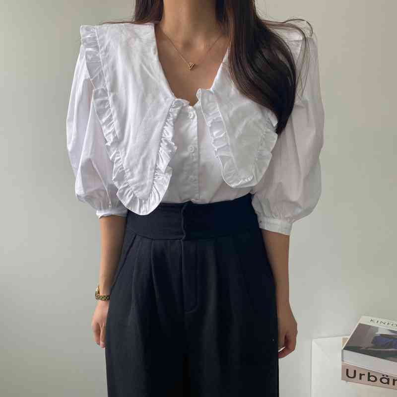 Korean Sweet Peter Pan Collar Lace Ruffled Shirt Women Summer Puff Half Sleeve Female Blouses Vintage Loose Ladies Tops 14252 210512