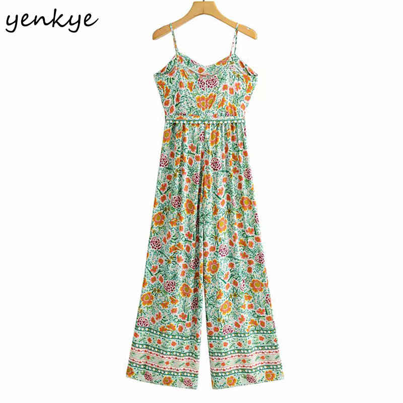 Floral Print Sexy Sling Jumpsuit Women Sleeveless With Belt Holiday Casual Boho Romper Summer Long Overalls monos mujer 210430