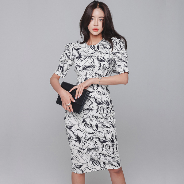 Summer Women Puff Sleeve Print Bodycon Dresses Korea Elegant Fashion O-Neck Office Pencil Party Dress Vestidos 210519