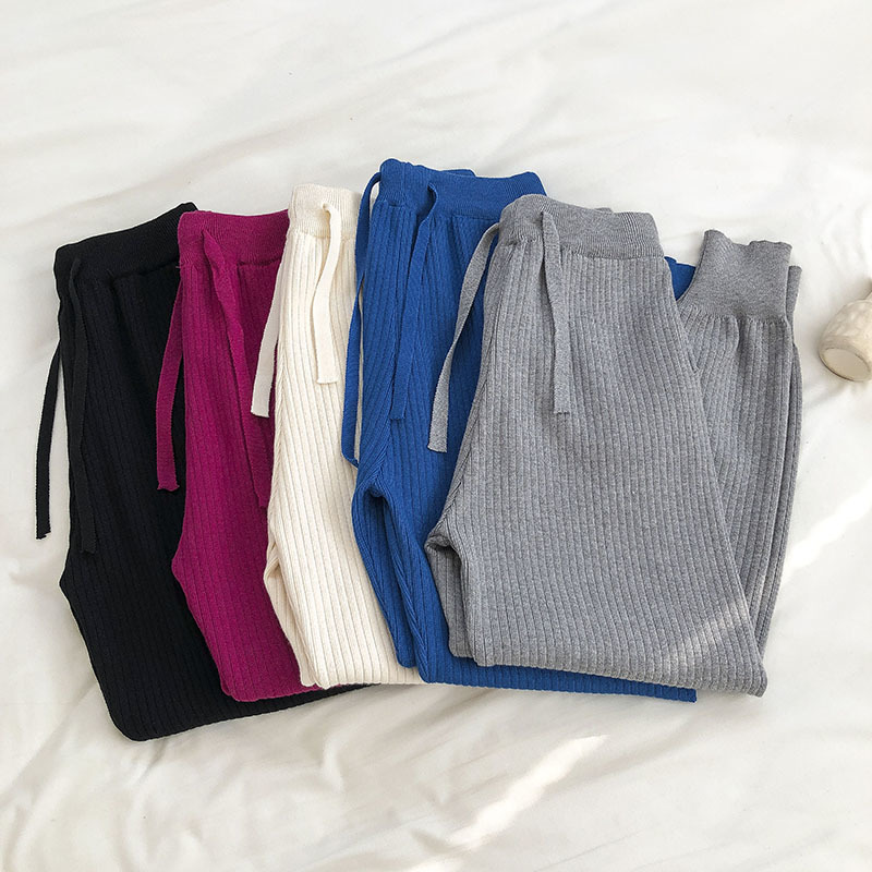 Nomikuma Autumn Winter Women Sweater Pants Lace Up High Waist Knitted Harem Pants Causal Solid Femme Anke Trousers 6C965 210427