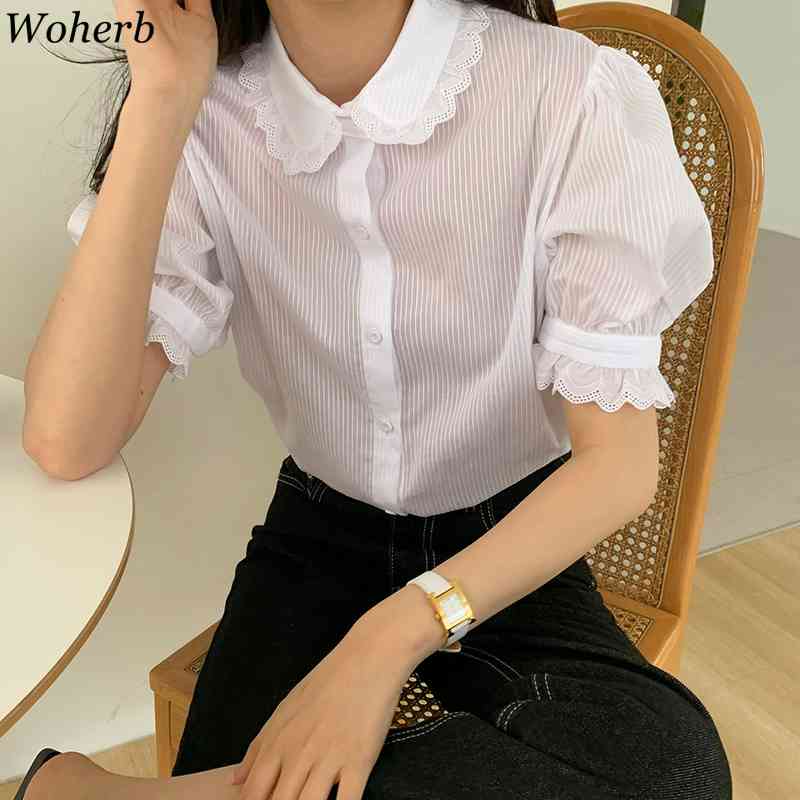 Blusas Striped Lace Tops Women Sweet Kawaii Spring Summer Short Puff Sleeve Blouses Casual All Match Fashion Shirts 210519