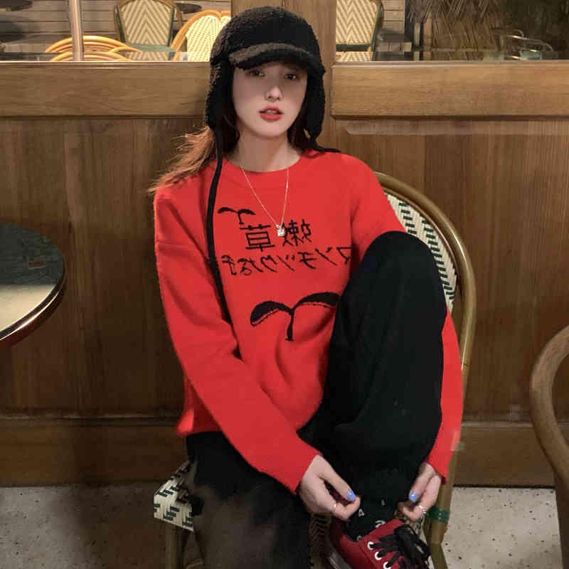 2colors autumn winter korean style loose Cartoon Funny Sweaters thick warm Knitted Sweaters and pullovers womens (C8206) 210423