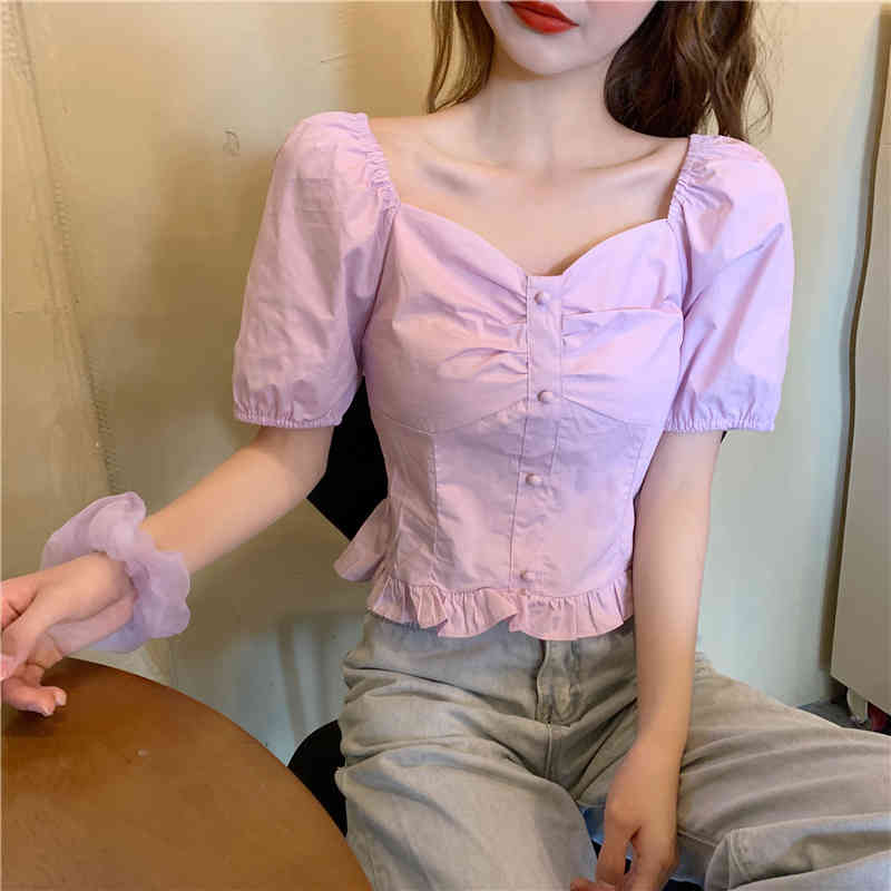 Blouse Women Blue Square Neck Puff Sleeve Crop Tops Short Sweet Fashion Girls Blusas Mujer Japan Style Preppy Solid 210429