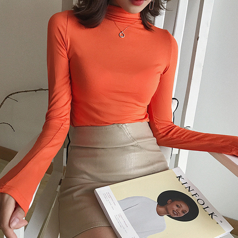 Design Korean Women Blouses Shirts Woman White Tops Women Long Sleeve Blouse Top Plus Size Woman Turtleneck Stretch Shirt Basic