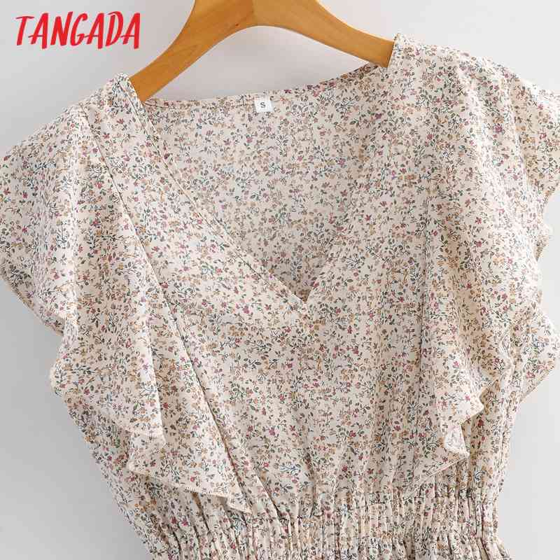 Summer Women French Style Floral Ruffles Sleeveless Ladies Vintage Dress Vestidos 1F127 210416