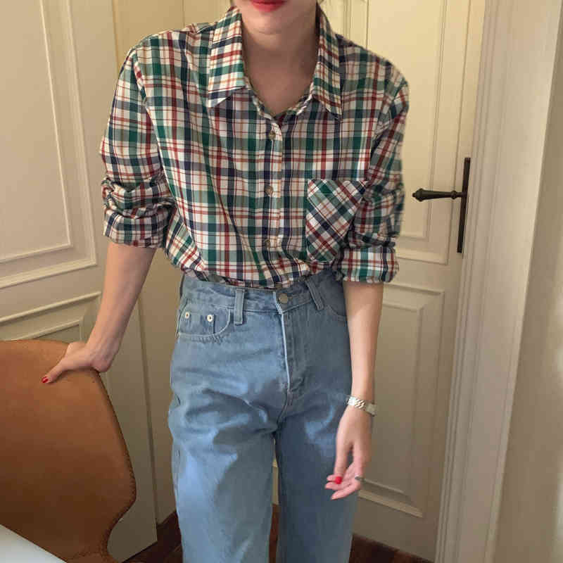 Vintage Gentle Basic Color-Hit Streetwear Basewear Retro Plaid Elegance Girls Loose Geometric Casual Shirts 210421