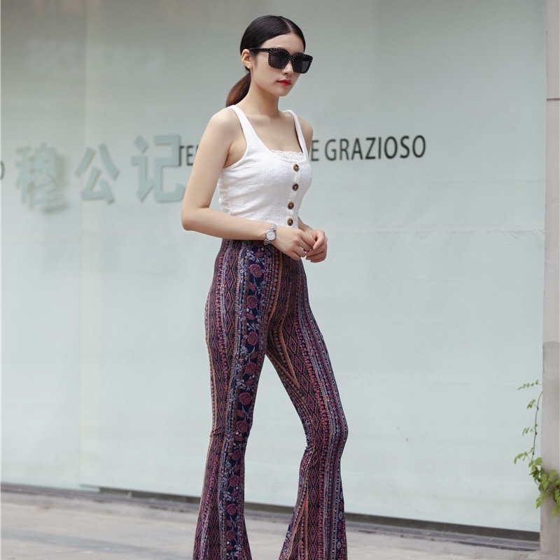 Ethnic Geometric Striped Floral Print Flare Pants Women Bohemian Tribal African Hippie Bell Leggings Bottom Long Trousers 210429