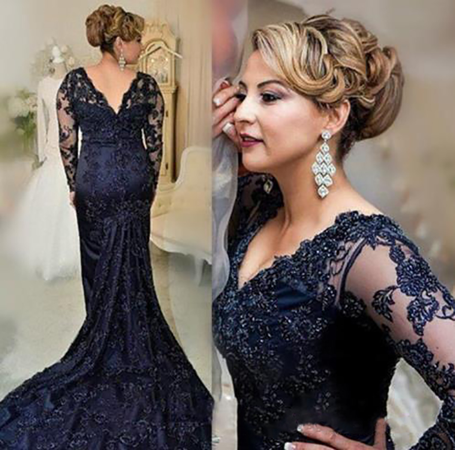 Navy Blue Lace Mother of the Bride Dresses 2022 New Elegant V-Neck Long Sleeve Mermaid Mother of the Groom Wedding Guest Gowns M63