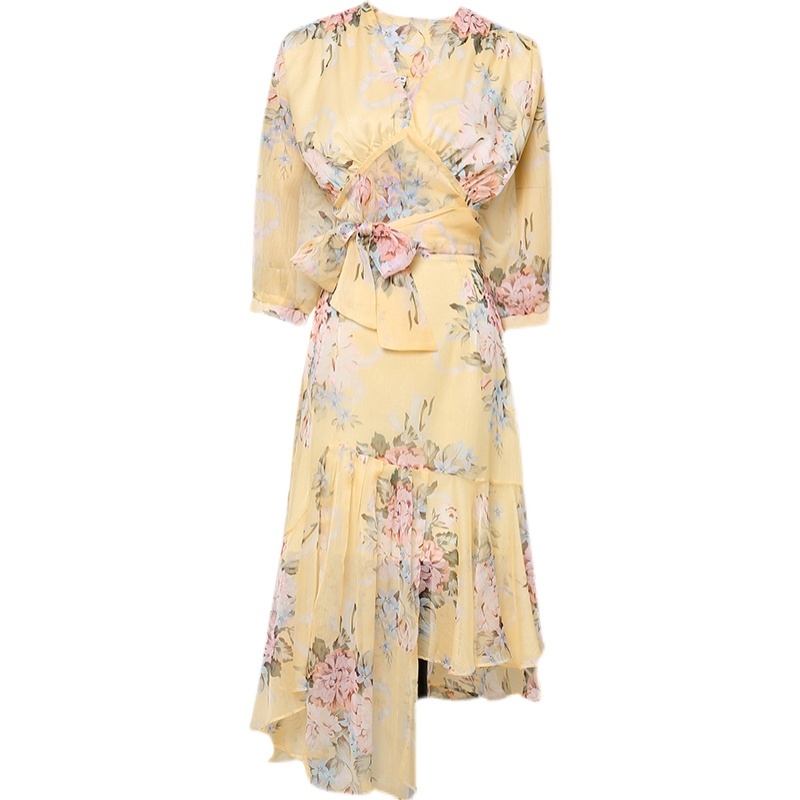 Runway Summer Two Piece Set Elegant Women Yellow Floral-Print Lace-Up Chiffon Top + High Waist Irregular Skirts Outfits 210519