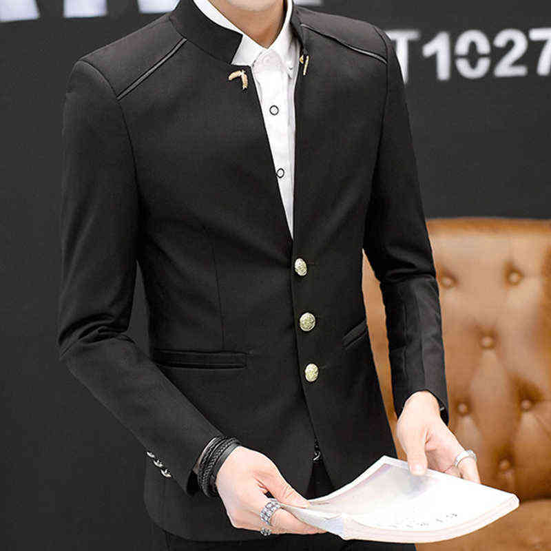 Stand Collar Men Casual Blazers Three-Buttons Suit Jacket Wheat Stalks Embellished Spring Mens Chinese Style Blazer 211120