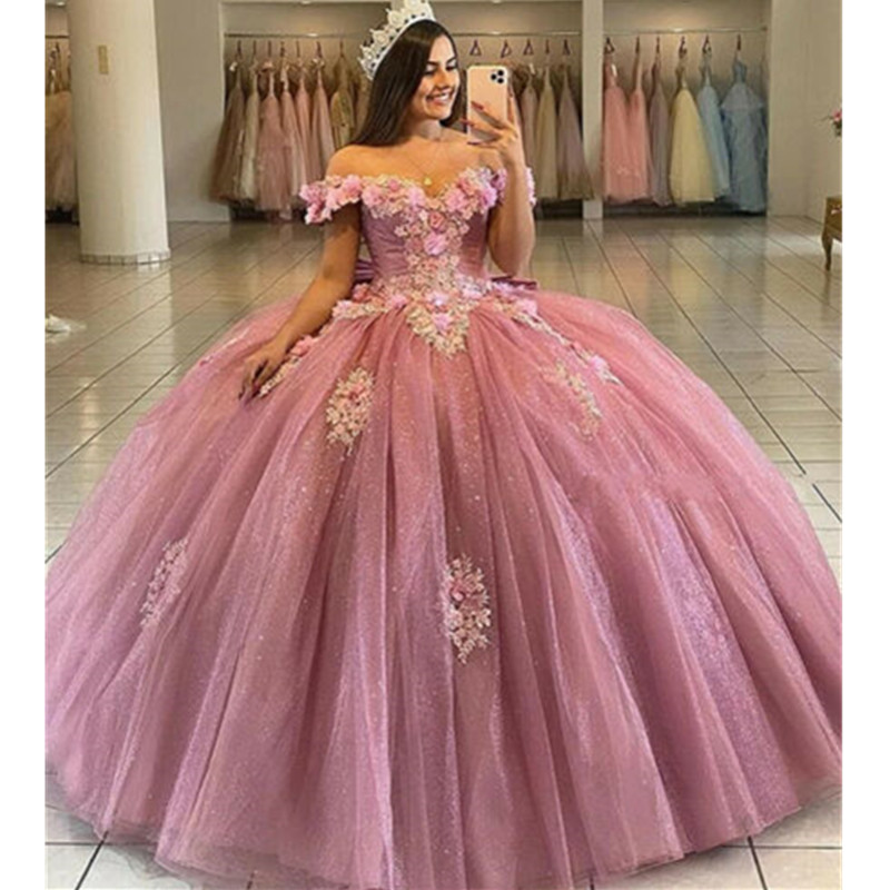 Charming Off The Shoulder Quinceanera Dresses Pink 3D Flowers Sweet 16 Ball Gown Vestido de Fiesta