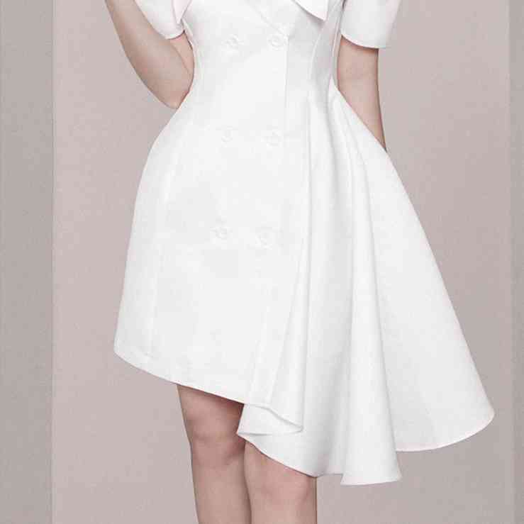 Fashion Women Temperament Double Breasted Ruffles Irregular Dress Office Lady Lapel Puff Sleeve Elegant Vestidos 210519