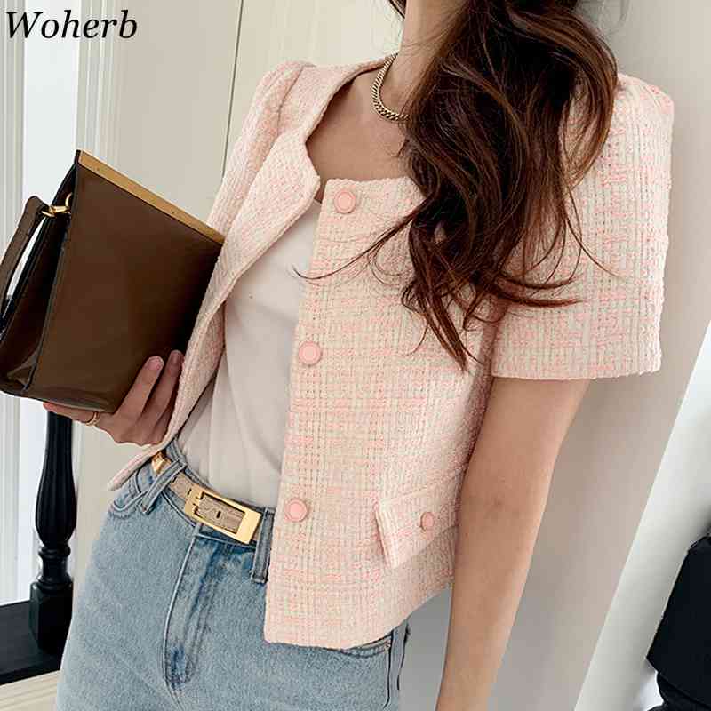 Vintage Women Jackets Summer Korean Chic Short Sleeve Coat Square Collar Casual Tweed Jacket Outwear Femme 210519