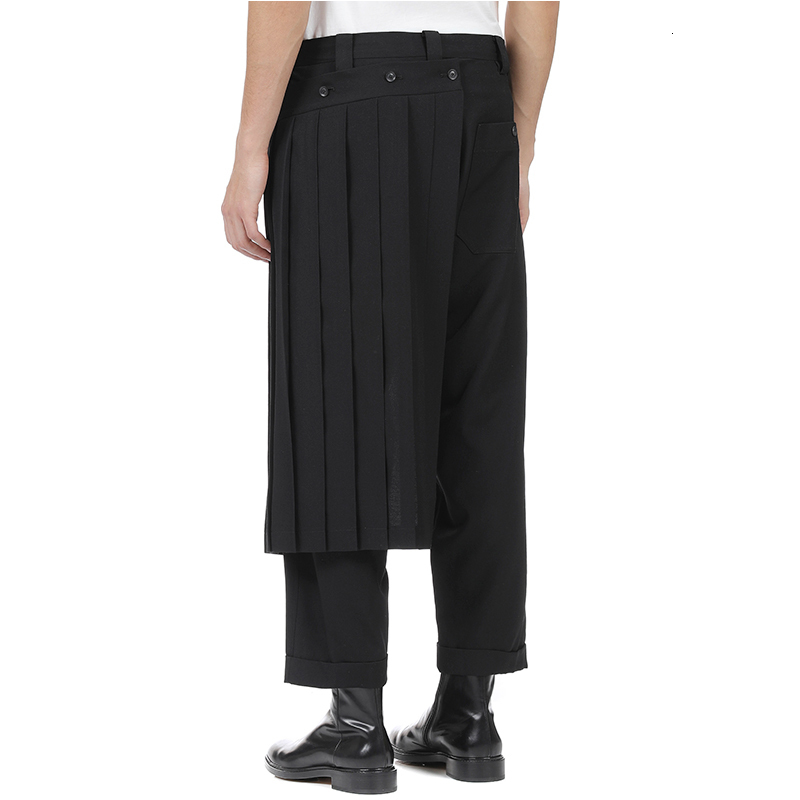 IEFB Men's Bottoms Double-deck Male Pantskirt Balck Personality Pleated Patchwork Trousers Bouffancy Fashion 19H-a296 210524