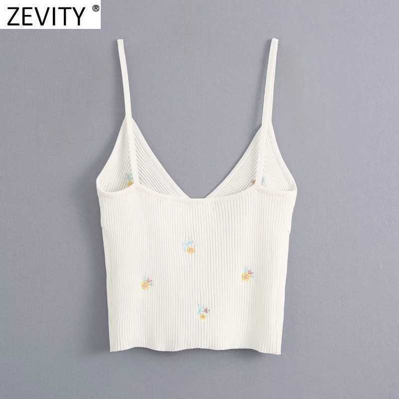 Zevity Women fashion floral embroidery camis tank tops summer wear female v neck knitted casual slim sling vest crop tops LS6984 210625