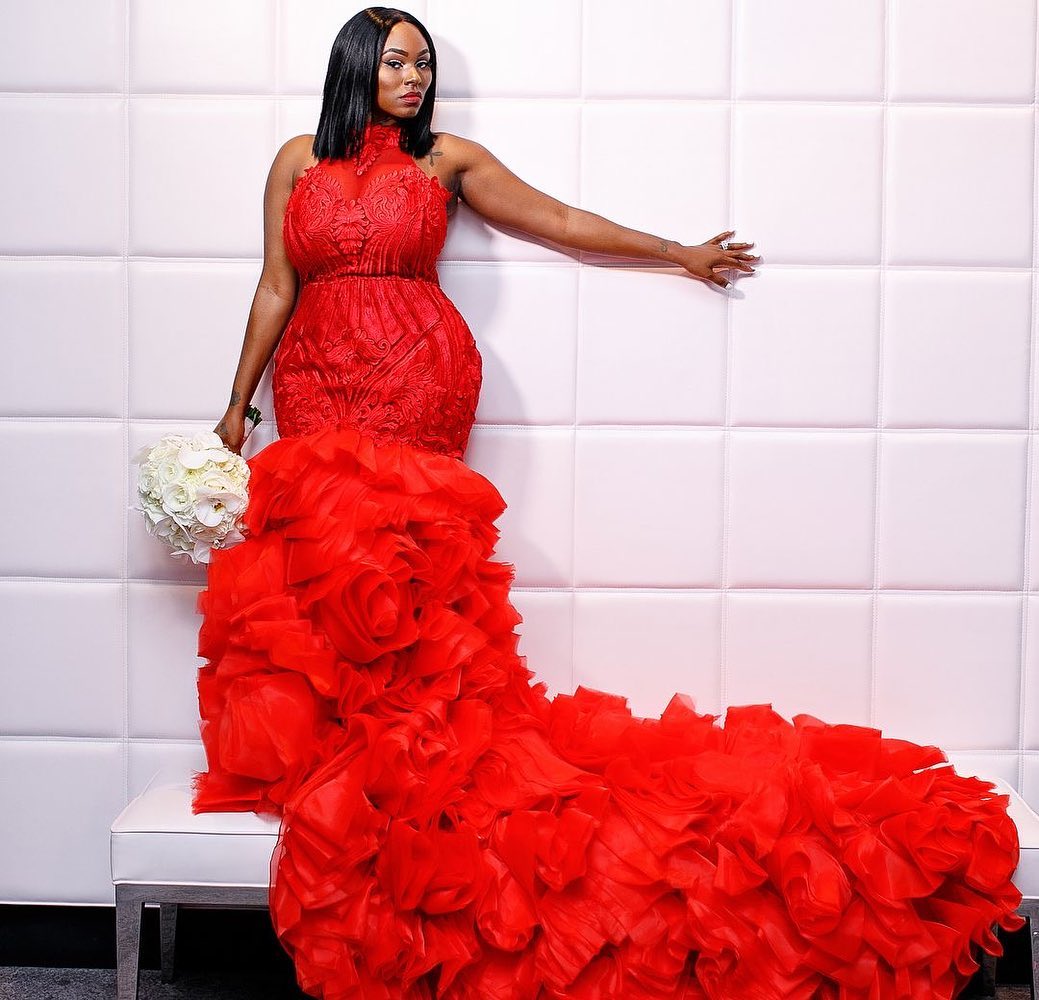 Red Cascading Ruffles Mermaid Wedding Dress 3D Lace Appliques High Neck Short Sleeve Bridal Gowns De Soiree Plus Size Couture Beads Custom Made 0505