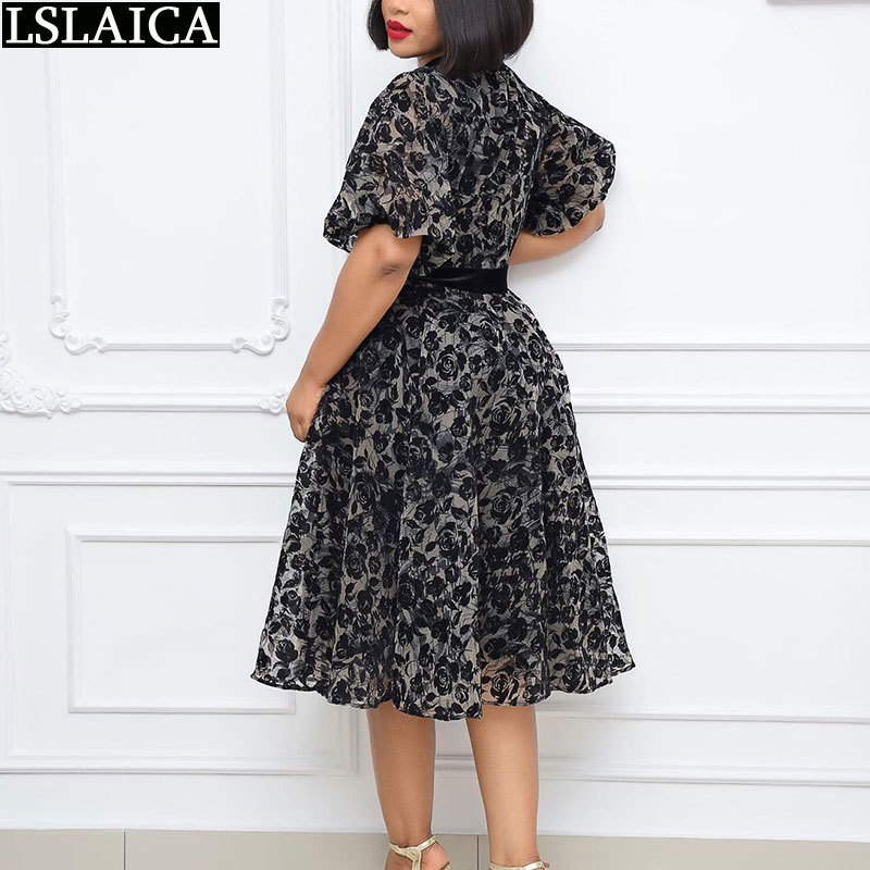 Black Dress Strappy Short Sleeve Elegant Knee Length es for Women Formal Party Prom Fashion Arrival Rose Printing 210515