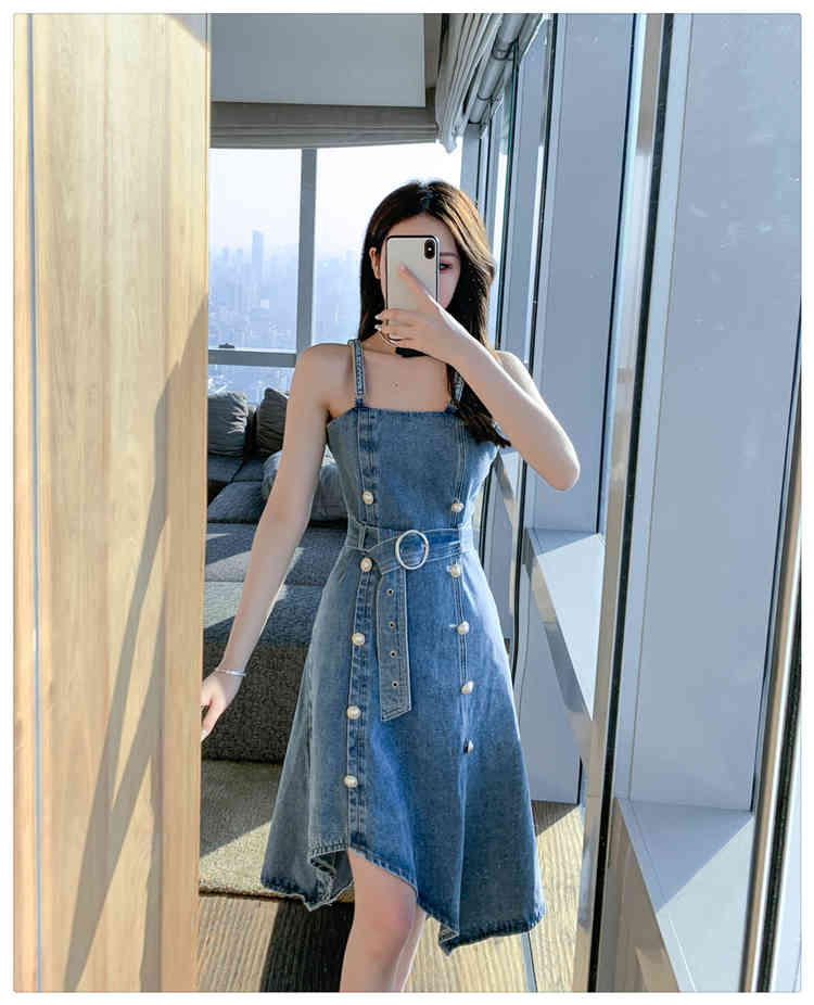 Sexy Women Spaghetti Strap Denim Dress Vestidos Pearl Double Breasted Fashion Slim Chic irregular Dresses Female 210519