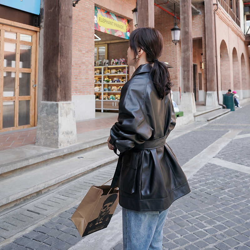 LY VAREY LIN Spring Women Faux Leather Jackets Elegant Tie Belt Waist Pockets Buttons Coats Motor Biker 210526