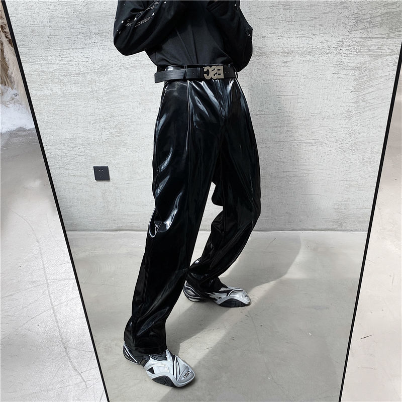 IEFB spring net trend personality streetwear bright PU leather trousers side tight waist loose casual pants men's Y4703 210524