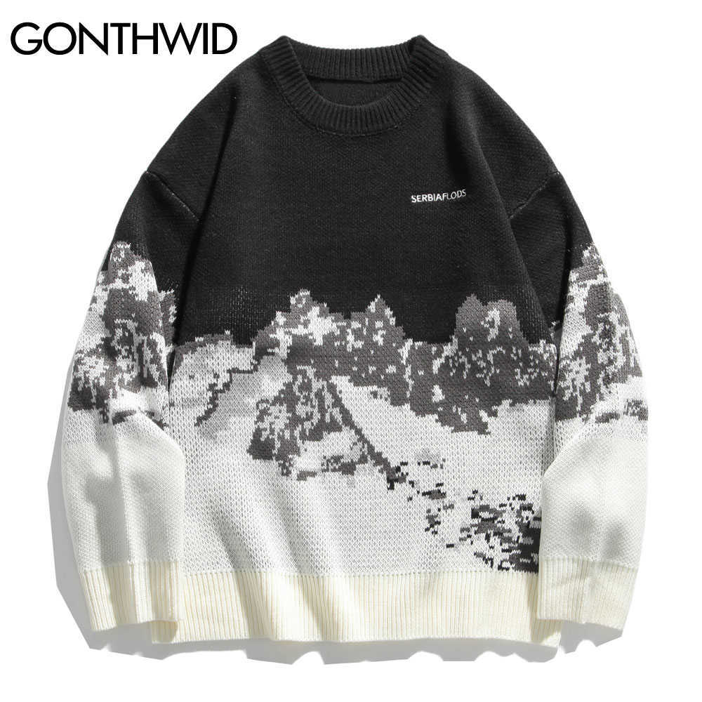 GONTHWID Snow Mountain Knitted Jumper Sweaters Streetwear Mens Hip Hop Harajuku Pullover Knitwear Tops Fashion Knit Outwear Male 210820