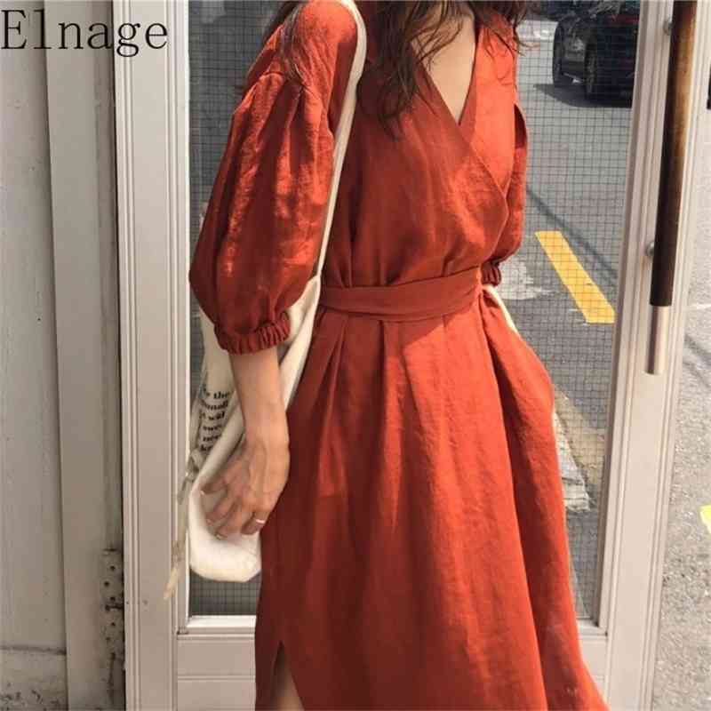 Summer Vintage Sexy V Neck Cotton Long Dress Women Elegant Loose Brief Sundress with Waistbelt Linen Dresses Lady Office 210429