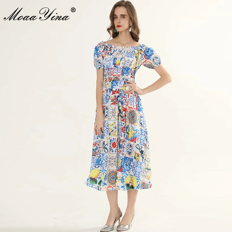 Fashion ner dress Summer Women's Dress Puff Sleeve Classic Blue and white porcelain Print Vacation Dresses 210524
