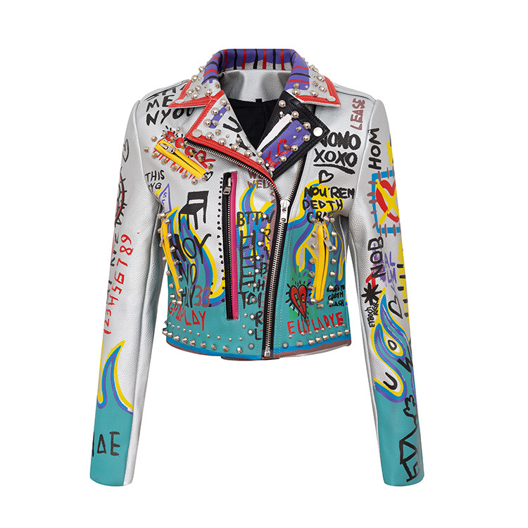 Women' Leather & Faux Fashion Graffiti Rivet Beading Pu Coats Women Chains Sticthing Jacket Punk Rock Cropped
Women' Leather & Faux Fashion Graffiti Rivet Beading Pu Coats Women Chains Sticthing Jacket Punk Rock Cropped