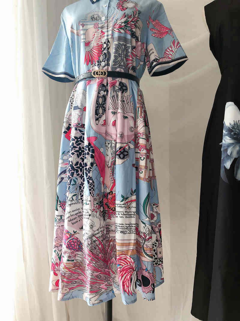 celebrity style holiday blue baroque flower printed short sleeve summer dress for women elegant party night with belt 210421
