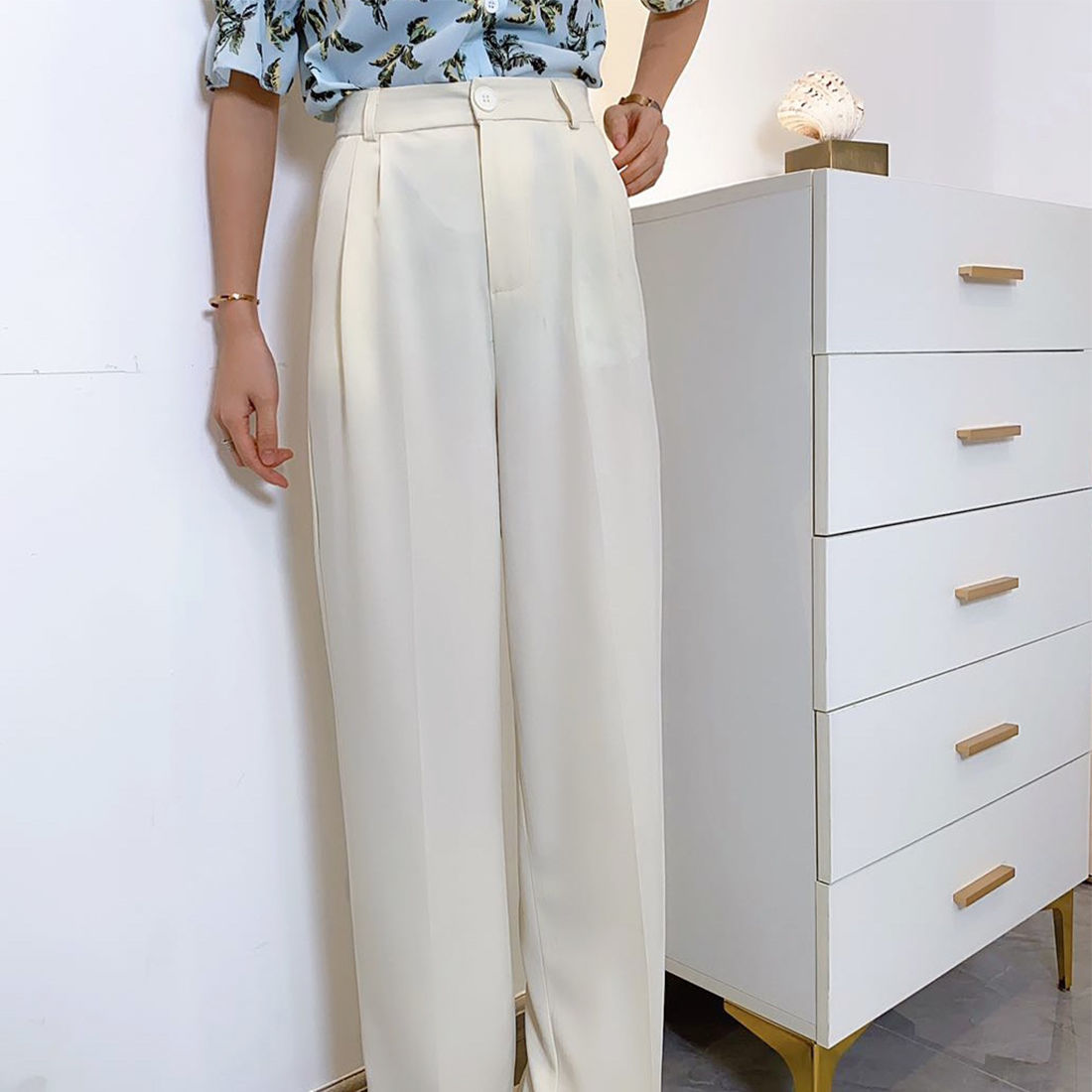 Women Summer Elegant Long Pants Vintage High Waist Wide Leg Casual Korean Loose Straight Trousers Bottoms 210517