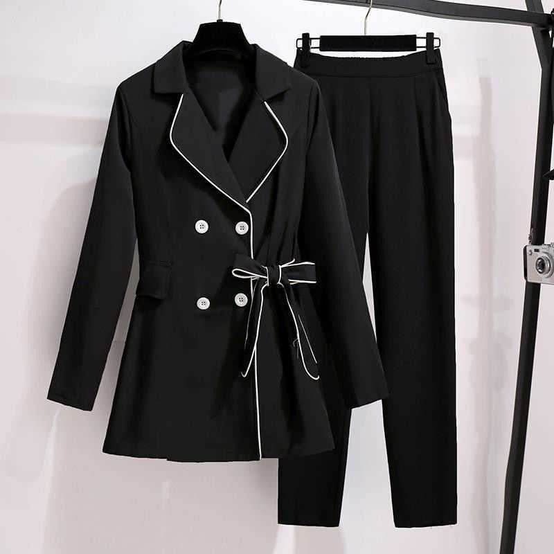 Elegant Women Blazer Suit Autumn Office Ladies Pant Suits V-neck Belted High Waist Long Pants Streetwear Set Outfit 210930