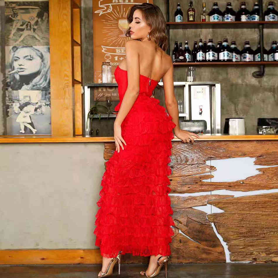 Free Women's Red Puffy Dress Sexy Wrapped Chest Sleeveless Backless Bodycon Ruffled Club Party Vestidos 210524