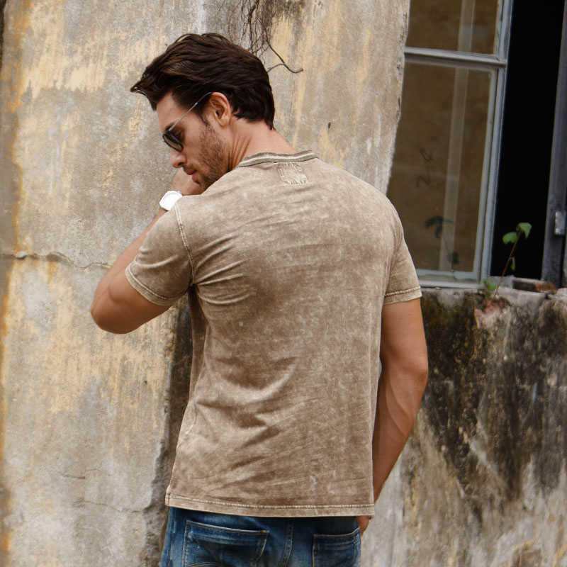 T Shirts For Men Henry Collar Vintage Shirt 100% Cotton Summer Man Short Sleeve Washed Clothes retro Fashion ops 210629