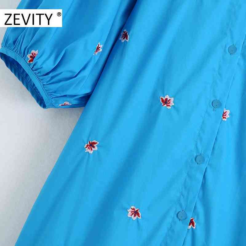 women vintage lantern sleeve flower embroidery midi shirtdress female hem pleats vestidos chic casual loose dresses DS3436 210409