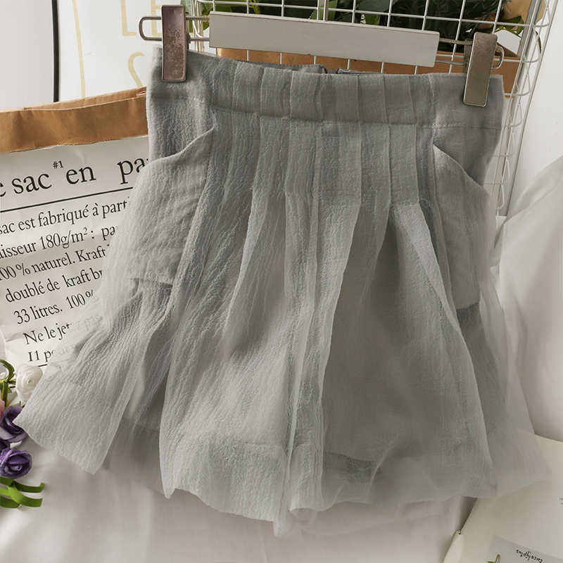 Korean Mesh Patchwork Woman Shorts Summer Bottoms Causal High Waisted Wide Leg Short Feminimos 6H936 210603