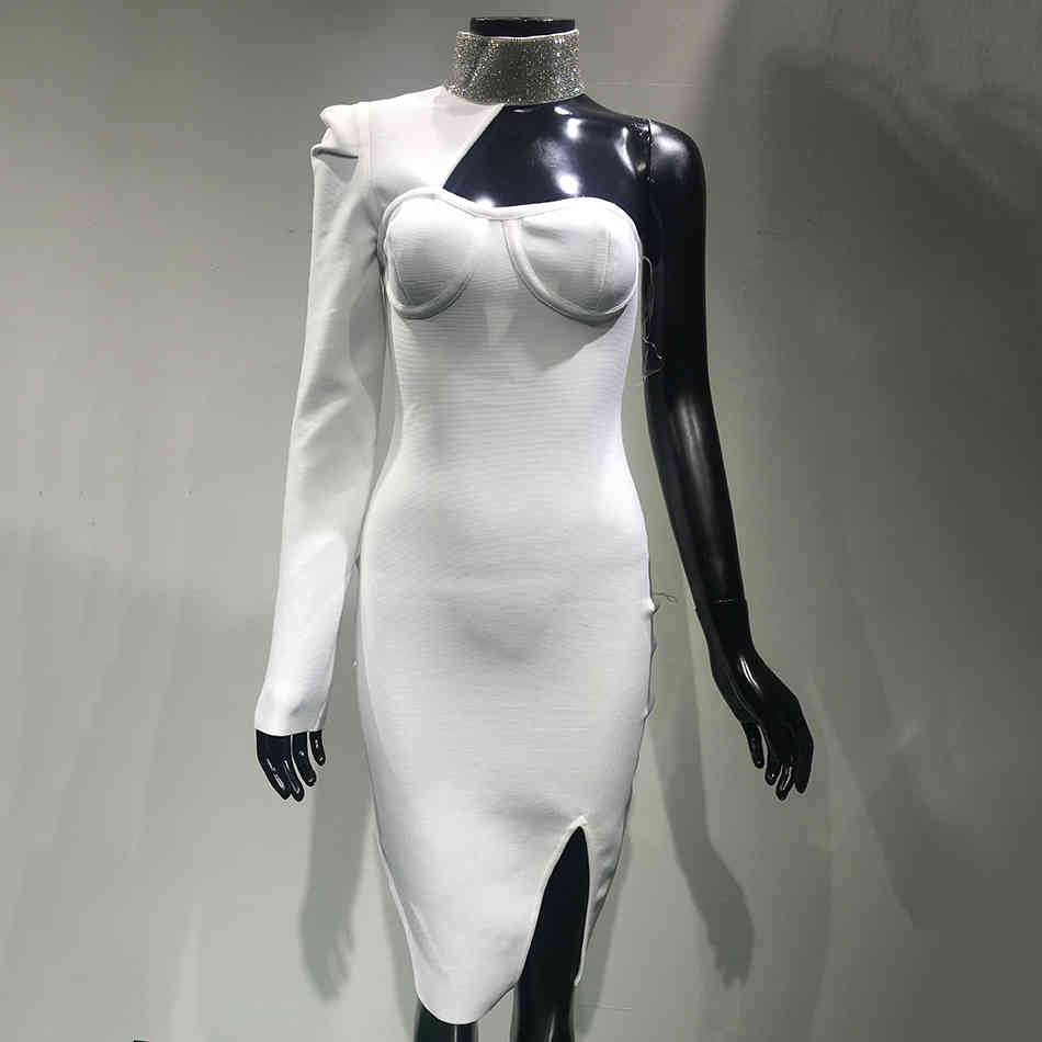 White Sexy One Shoulder Skinny Bandage Dress Party Long Sleeve Nightclub Solid Color Sequin Women 210525