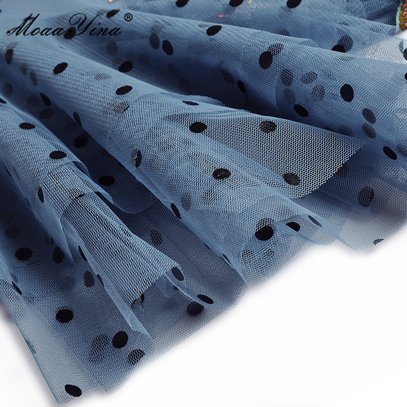 Fashion Runway Summer Elegant Mesh Dress Women Blue Butterfly Sleeve polka dot Embroidery Vintage Party Long 210524