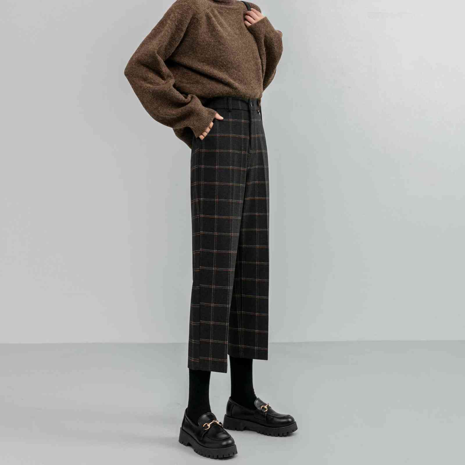 REALEFT Winter Vintage Plaid Woolen Pants Fashion High Waist Pockets Thicken Warm Ankle Length Casual Trousers Female 211124