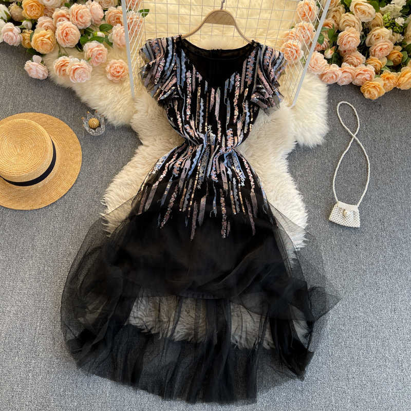 Women Fashion Embroidery Flower Ruffled V-neck High Waist Slimming Stitching Sequin Gauze A-line Dress Elegant Vestidos R503 210527