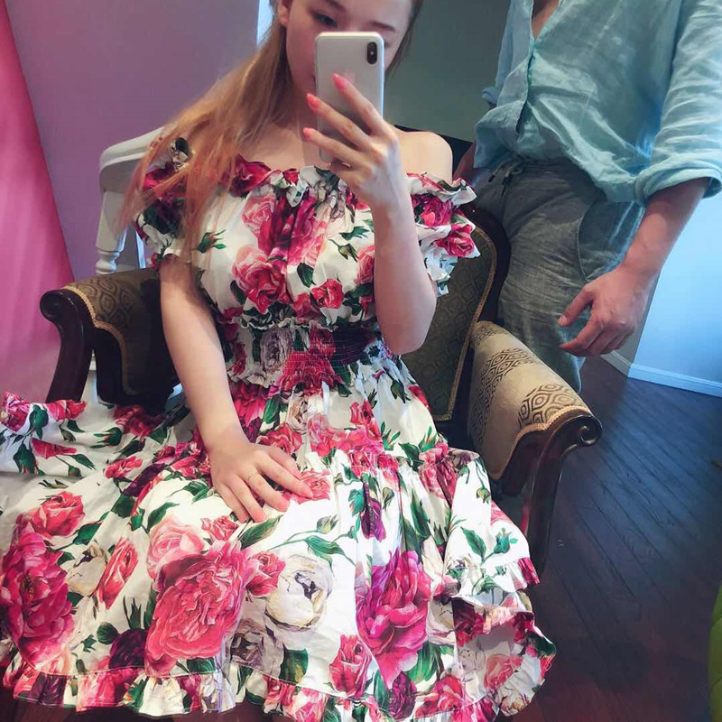 NEW Summer Off Shoulder Beach Party Dresses Women's Charming Rose Flower Print Ruffles Elastic Waist Short Dress Vestidos 210409